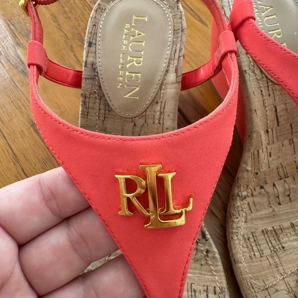 Lauren Ralph Lauren Jeannie Coral Logo Wedge Sandals Thong Flip Flop 6 - Picture 9 of 13